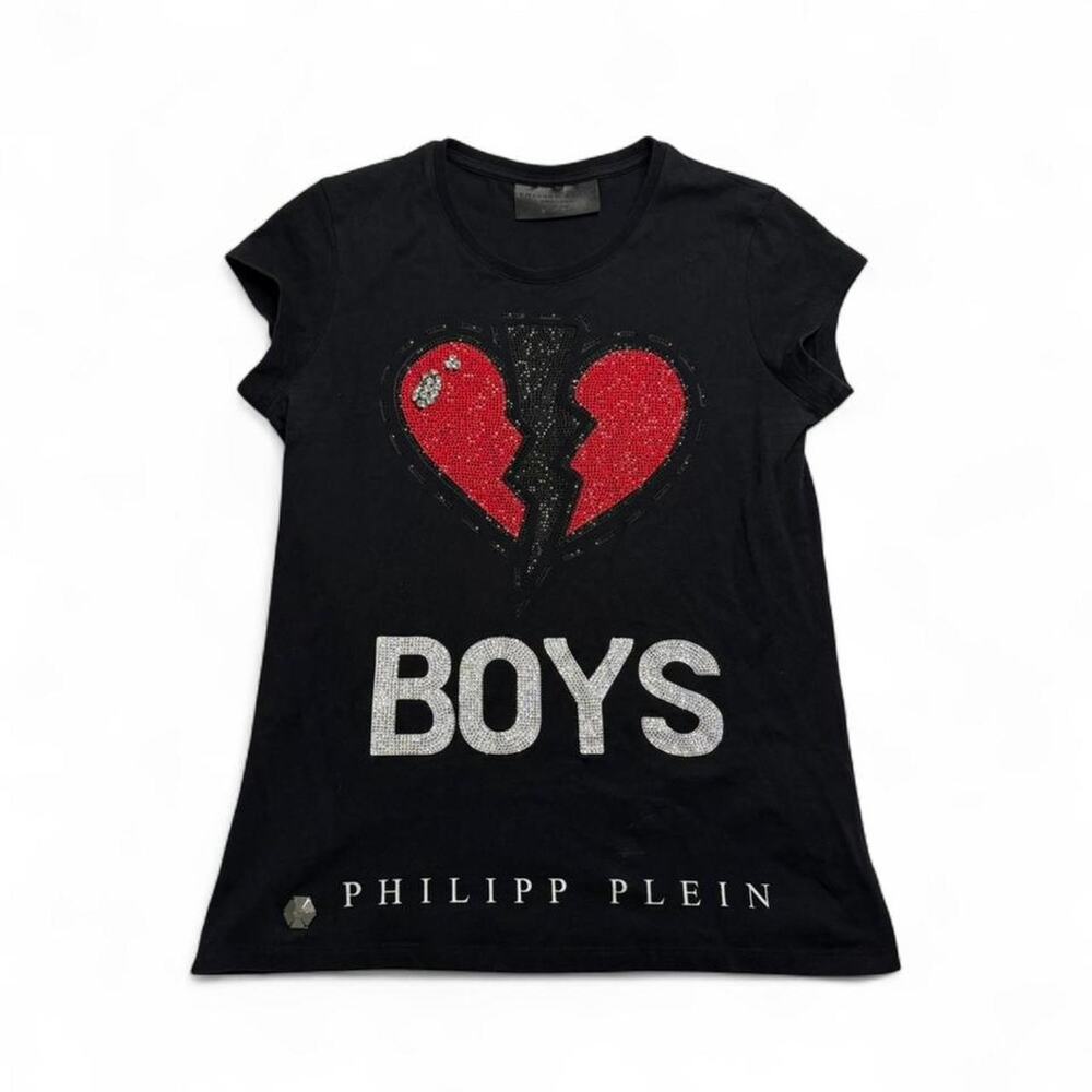 Black Philipp Plein Mcbling heart graphic tee Womens size large Designer Swiss - Picture 3 of 8